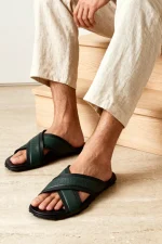 Stylish Green Cross Cow Leather Slippers-587
