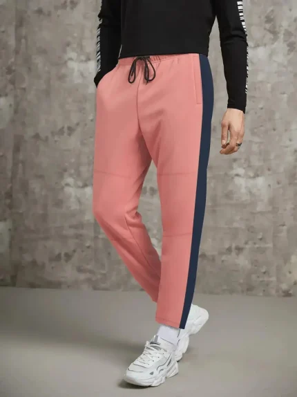 Summer Single Jersey Slim Fit Trouser For Men-Light Tea Pink With Navy Stripe-317