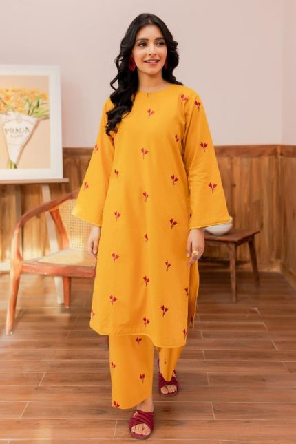 yellow women trendy embroidered 2pc set-1013